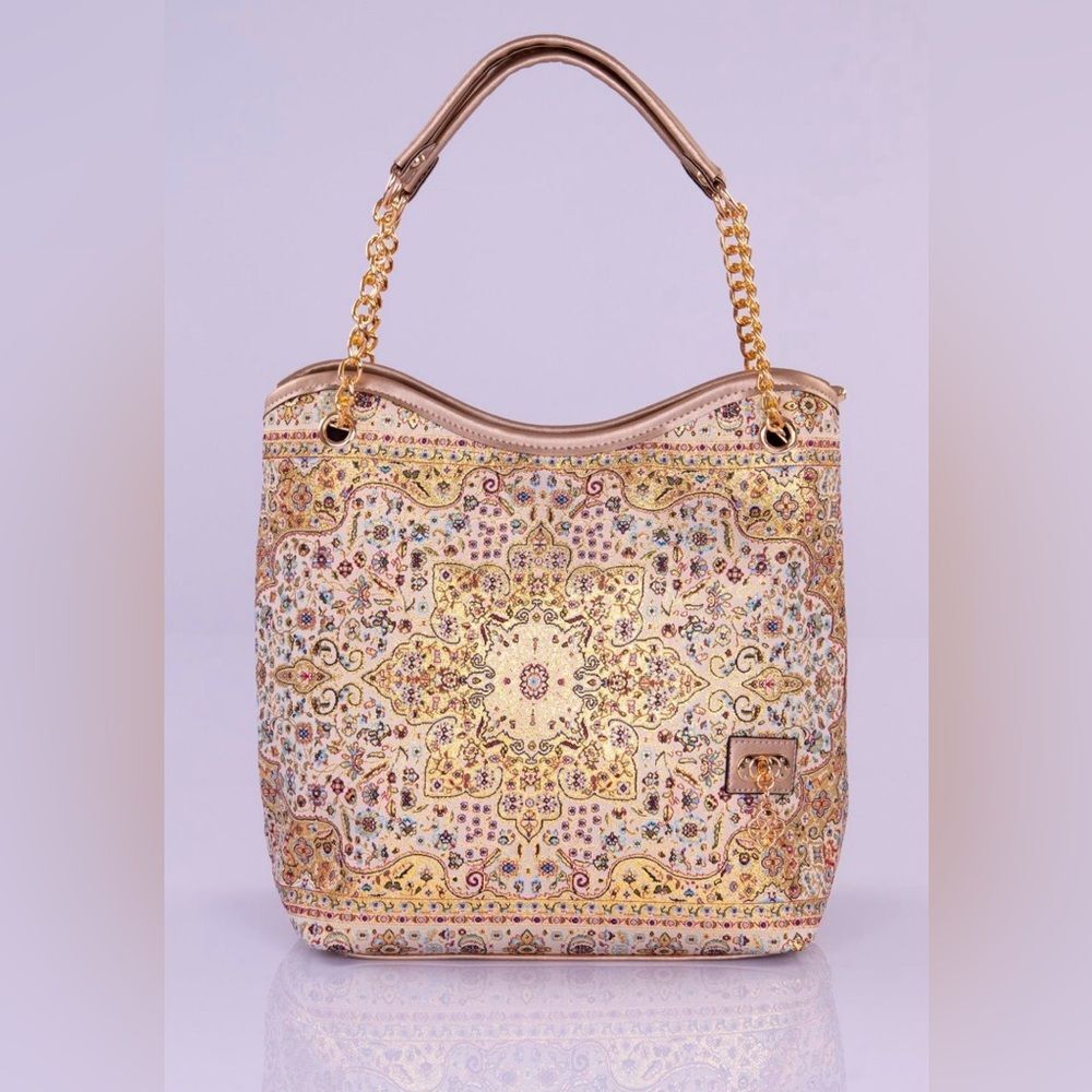 Ornate Gold Patterned Tote Bag with Chain Straps